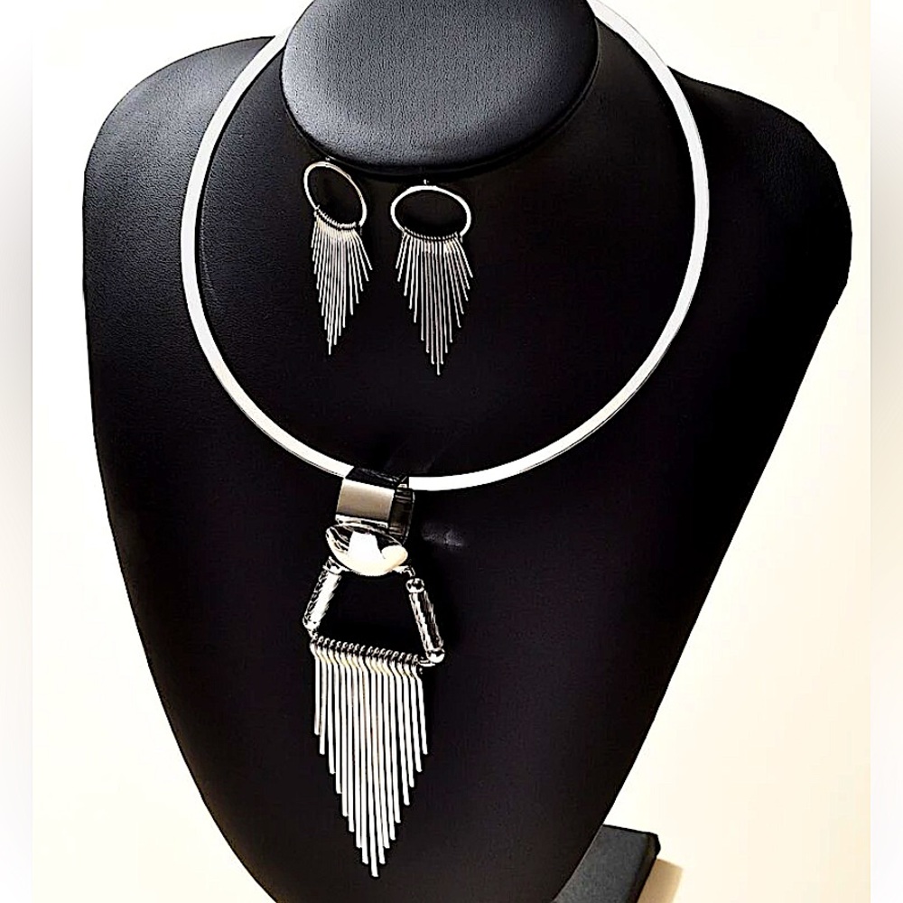 Silver Tassel Fringe Choker Statement Necklace Earrings Set